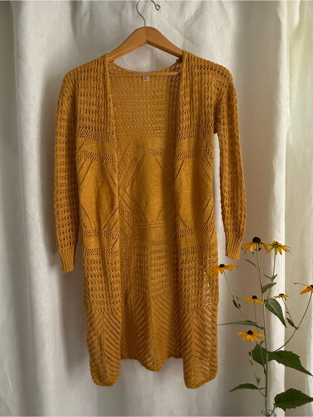 Moral Fiber Gold Ochre Openwork Lace Knit Duster Cardigan Sweater Boho M